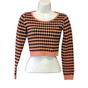 Sheng Hong Black and  Orange  Plaid Crop Sweater Sz SMALL